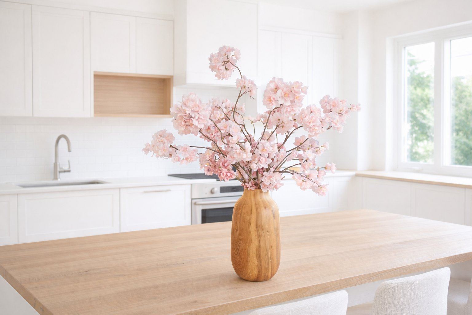 Dezelfde opgeleverde keuken met een zijden boeket van IN/FLEUR